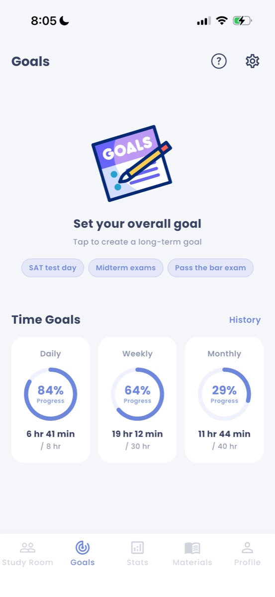 Goals screen with daily, weekly and monthly progress rings