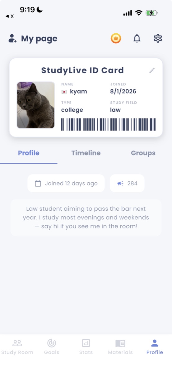 Profile screen showing the StudyLive ID card with study field, country and cheers